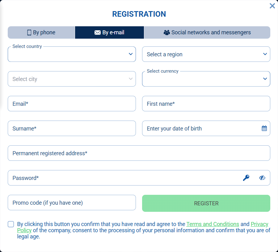 registration Registration form by email with currency