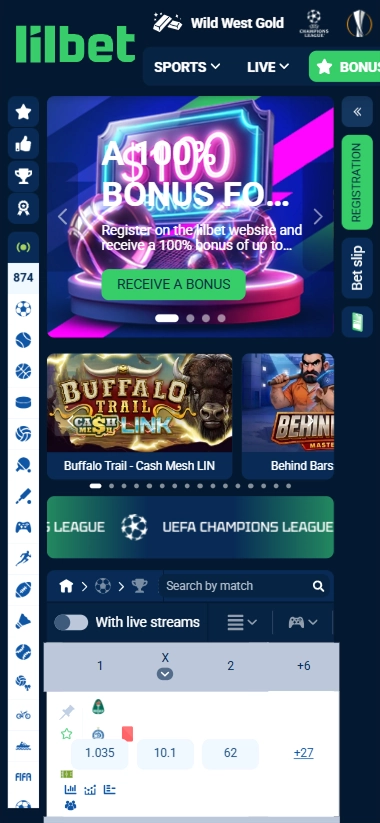 screen-1 Lilbet mobile homepage with bonus and sports